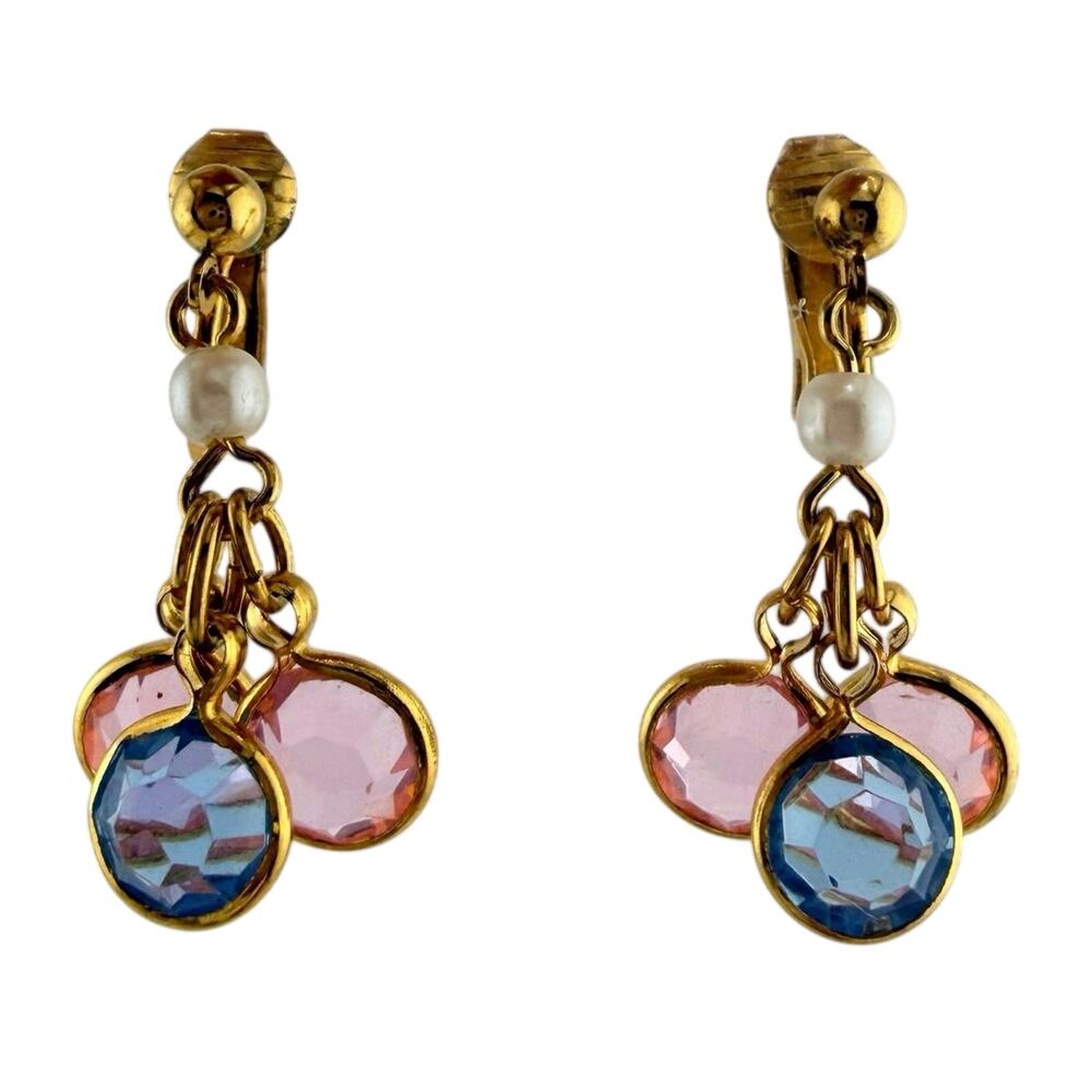 Vintage Glass Rhinestone Pink Blue Gold Tone Bezel Dangle 1" Clip On Earrings
